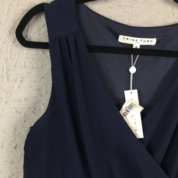 Trina Turk Dress Women 8 Navy Blue Crossover Cape Back V Neck Sassy Fun NEW - Picture 11 of 16